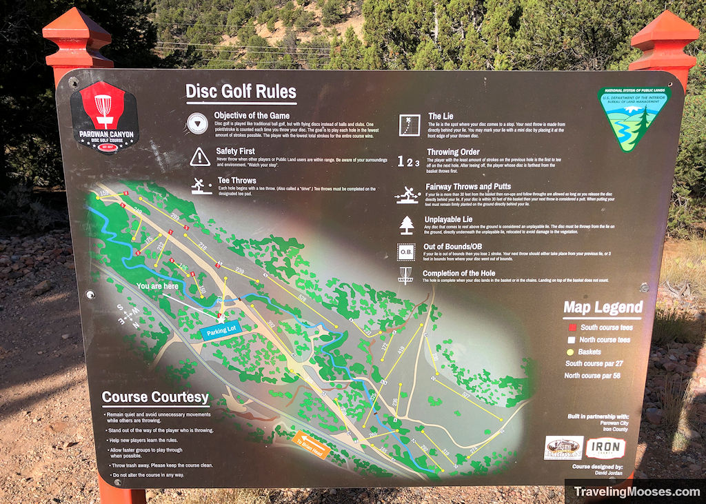 Sign board with written disc golf rules at Parowan Canyon