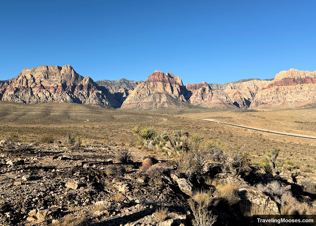 Red Rock Canyon's famous white and red sandstone peaks rising up from the desert