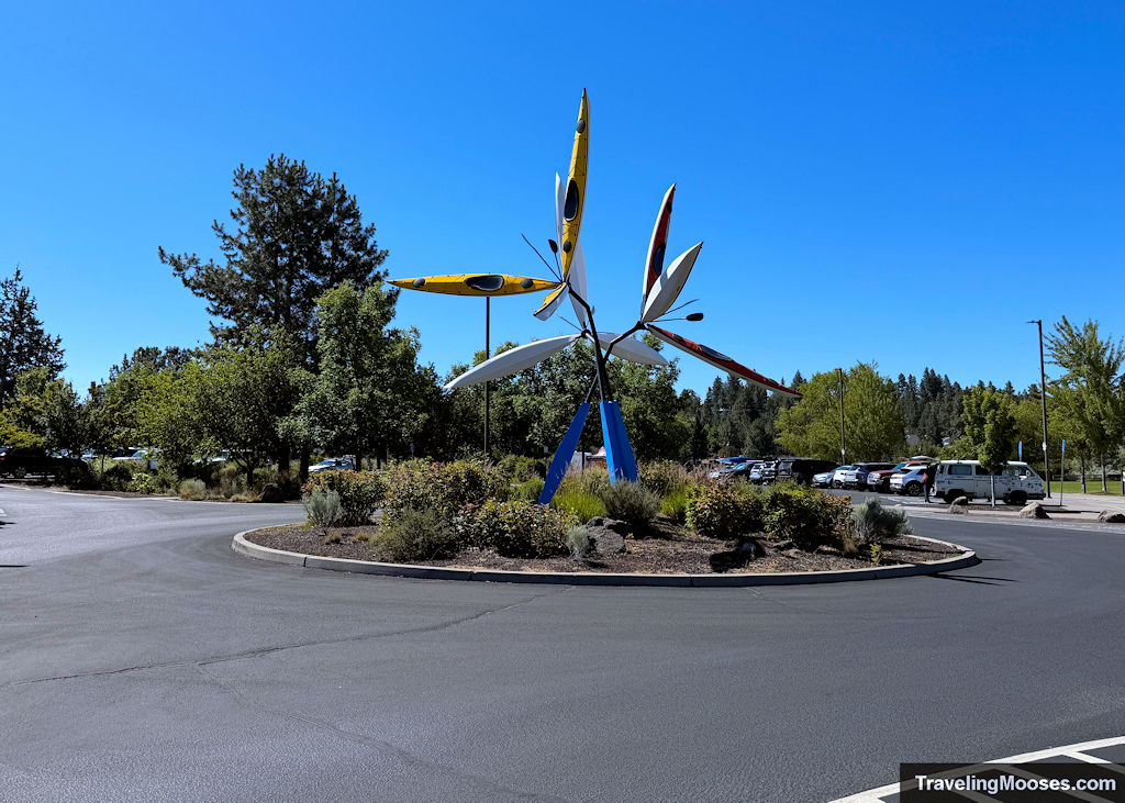 Kayaks formed in an art installation in the center of a roundabout