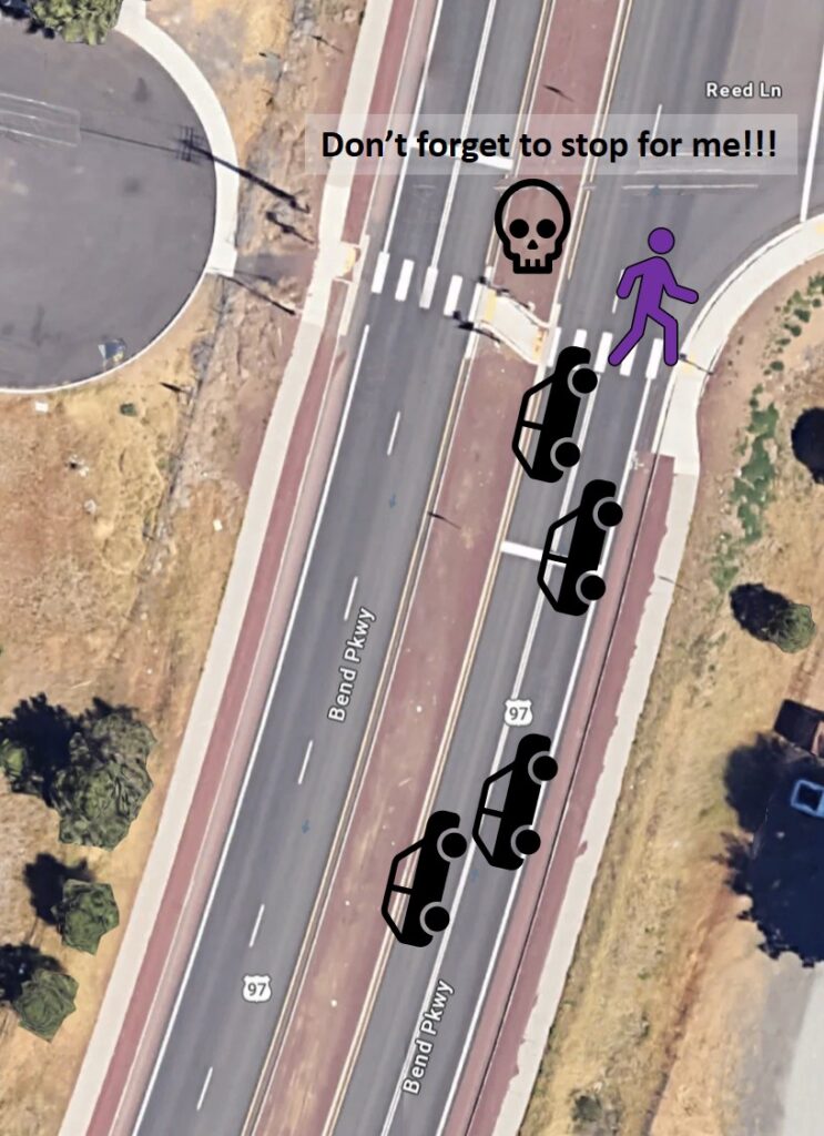 Drawing depicting passenger crossing highway 97