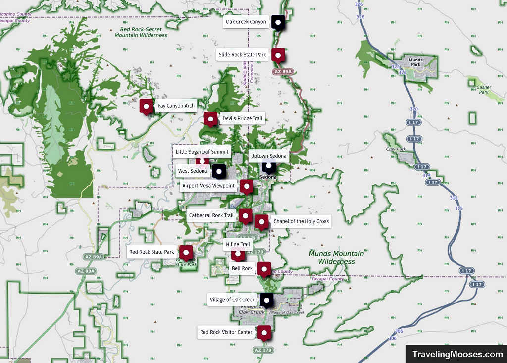 Map of Sedona Arizona showing the four main lodging areas and key hiking trailheads