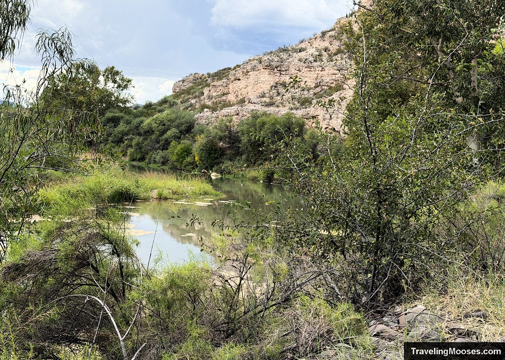 Beaver Creek flowing through thick green riparian brush and desert trees with limestone canyon walls in the background