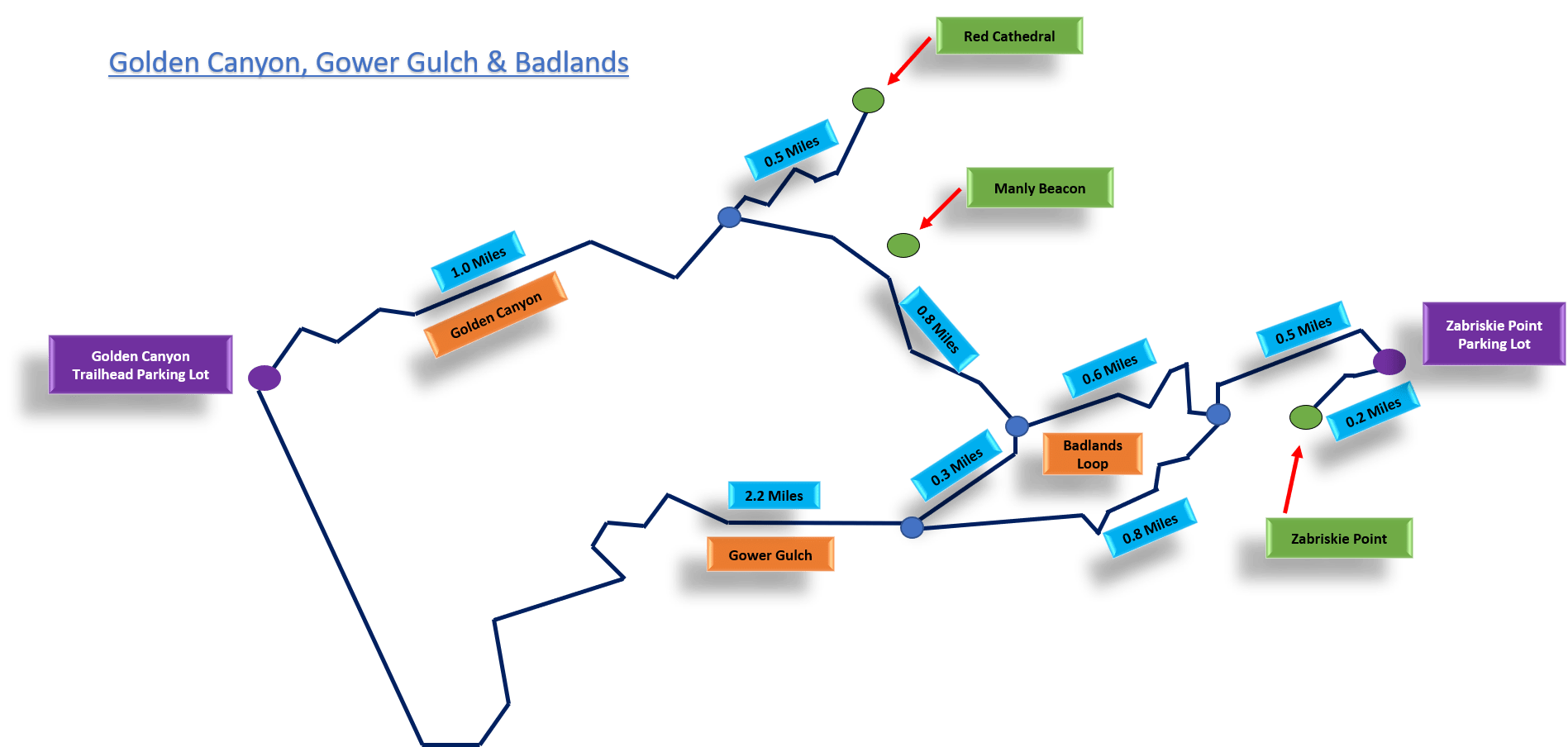 Golden Canyon, Gower Gulch and Badlands hiking trail map