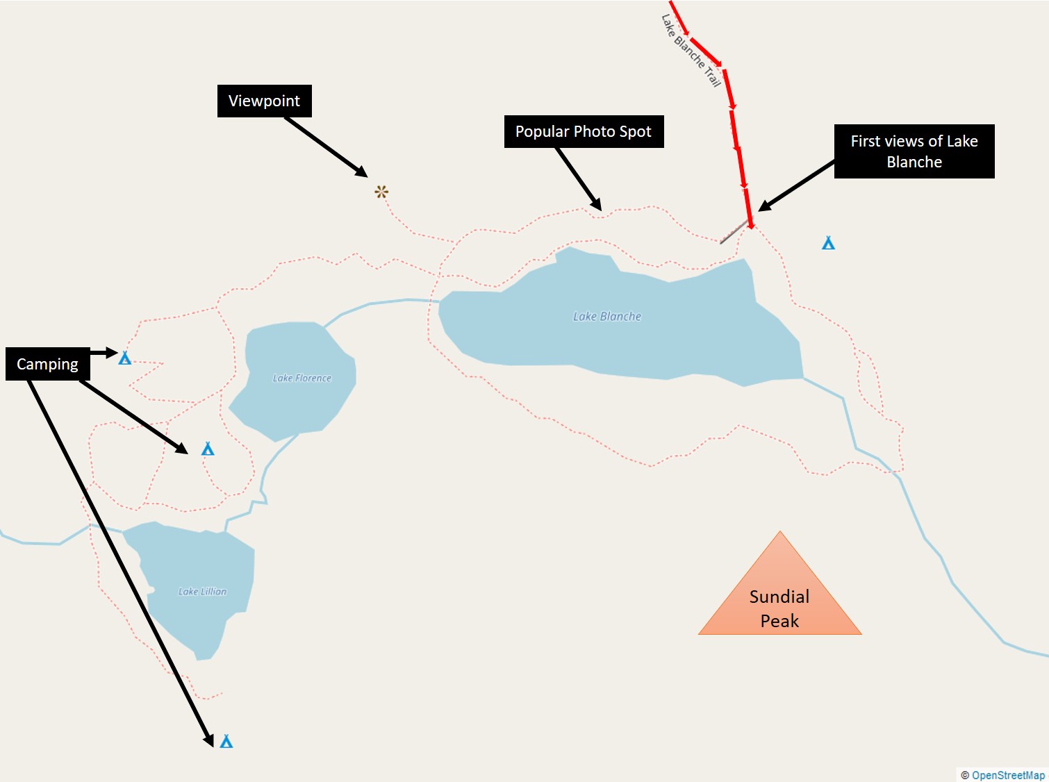 Lake Blanche, Lake Lillian and Lake Florence Trail Map