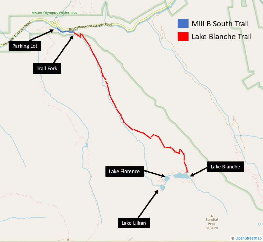 Map from parking lot of Mill B south trail to Lake Blanche