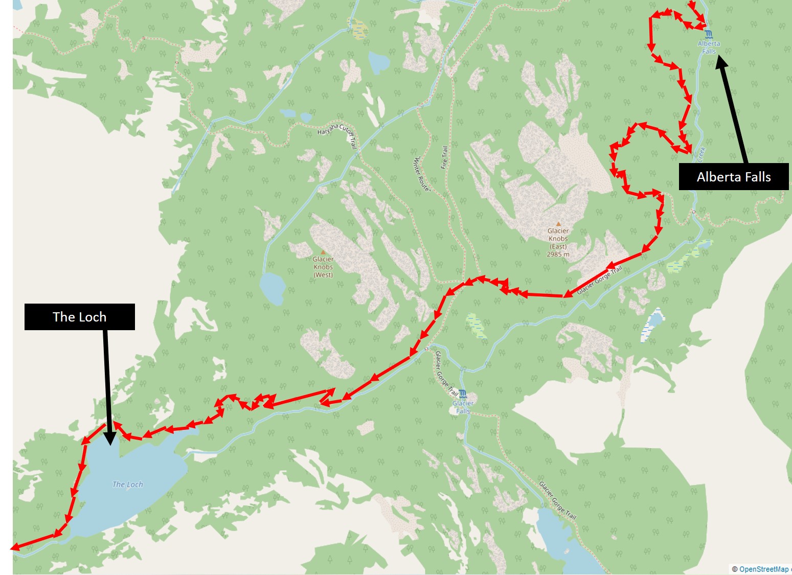 Alberta Falls to The Loch Trail Map RMNP