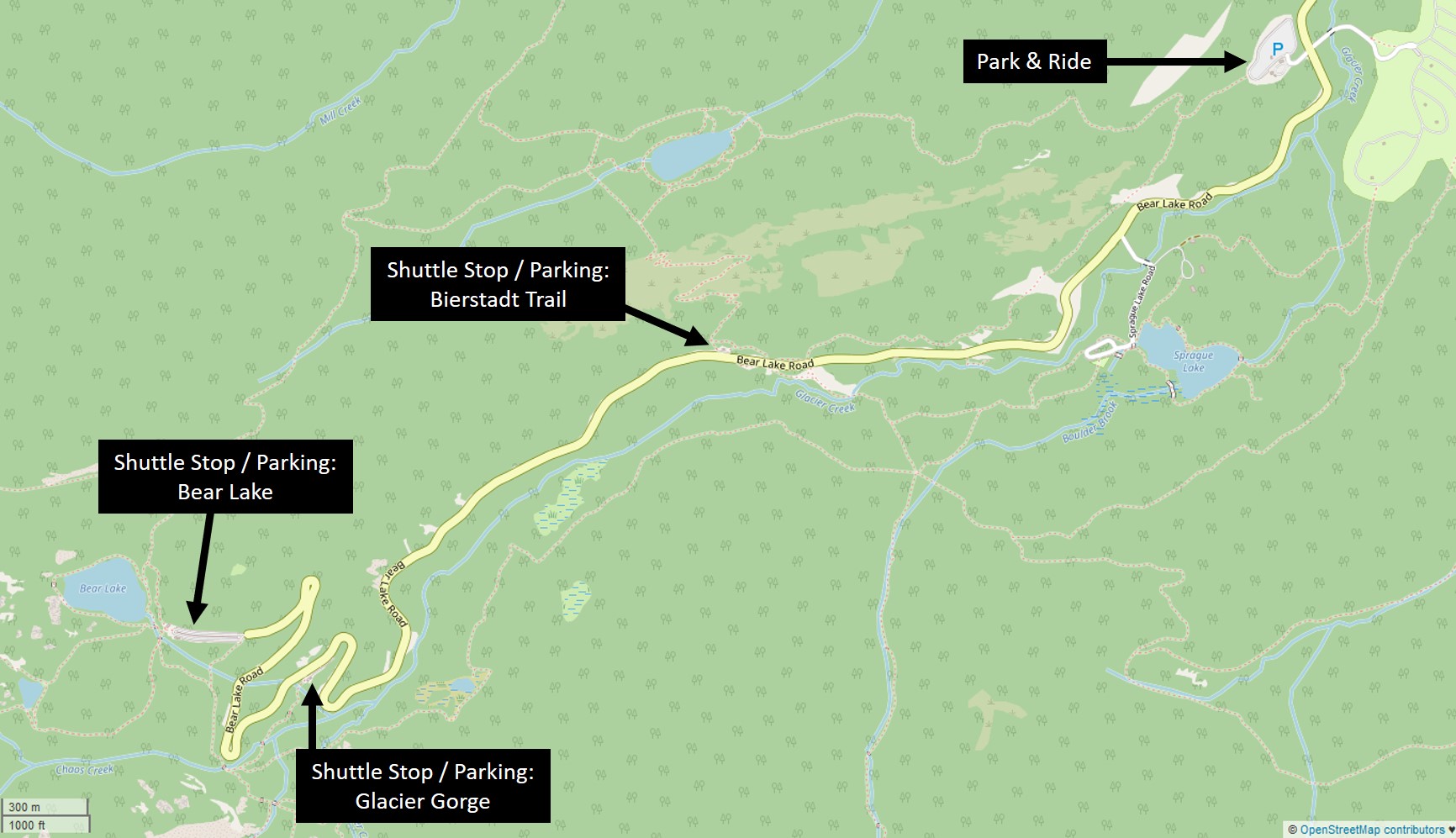 Bear Lake Corridor Map with Glacier Gorge Trailhead