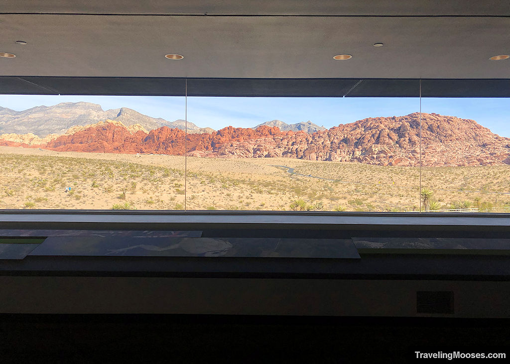Calico Hills seen from inside the Red Rock Canyon Visitor Center