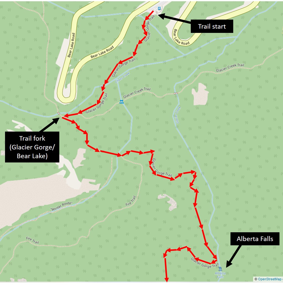 Glacier Gorge to Alberta Falls Trail Map