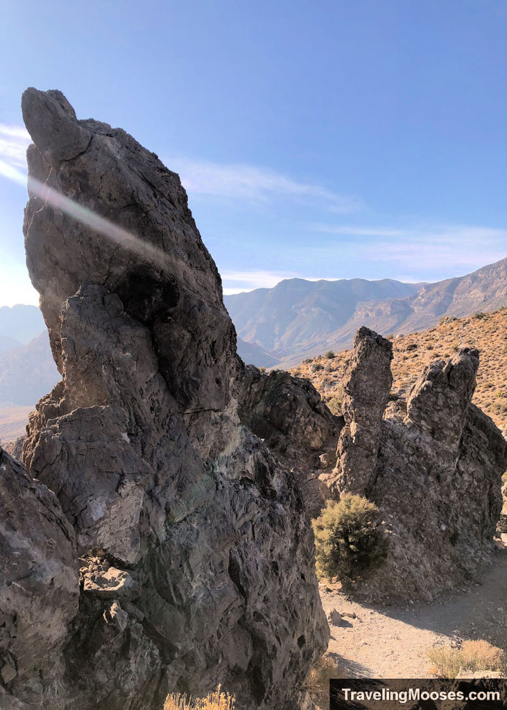 Rock formations seen on Turtlehead peak with small amount of shade on the trail