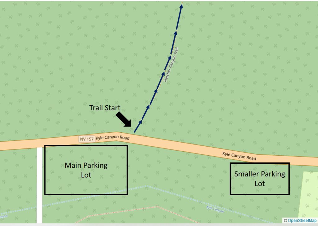 Map showing location of Main and Alternative Parking lots for Fletcher Canyon HIking Trail