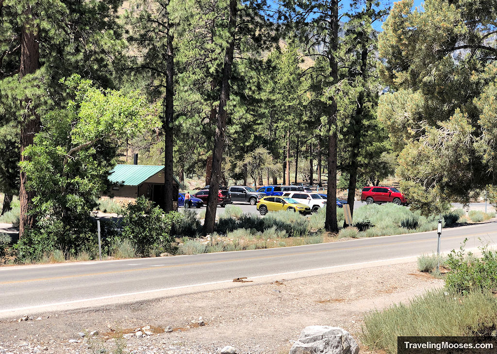Main Parking lot at Fletcher Canyon Trailhead shown filled with cars