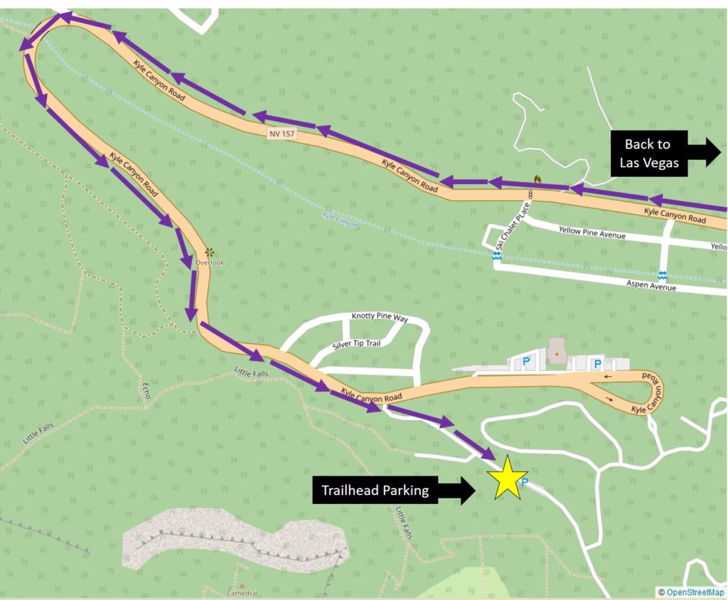 Map showing Kyle Canyon Road / NV-157 with South Loop Trailhead