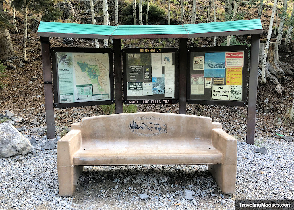 Bench in front of Informational Trail Sign at Mary Jane Falls