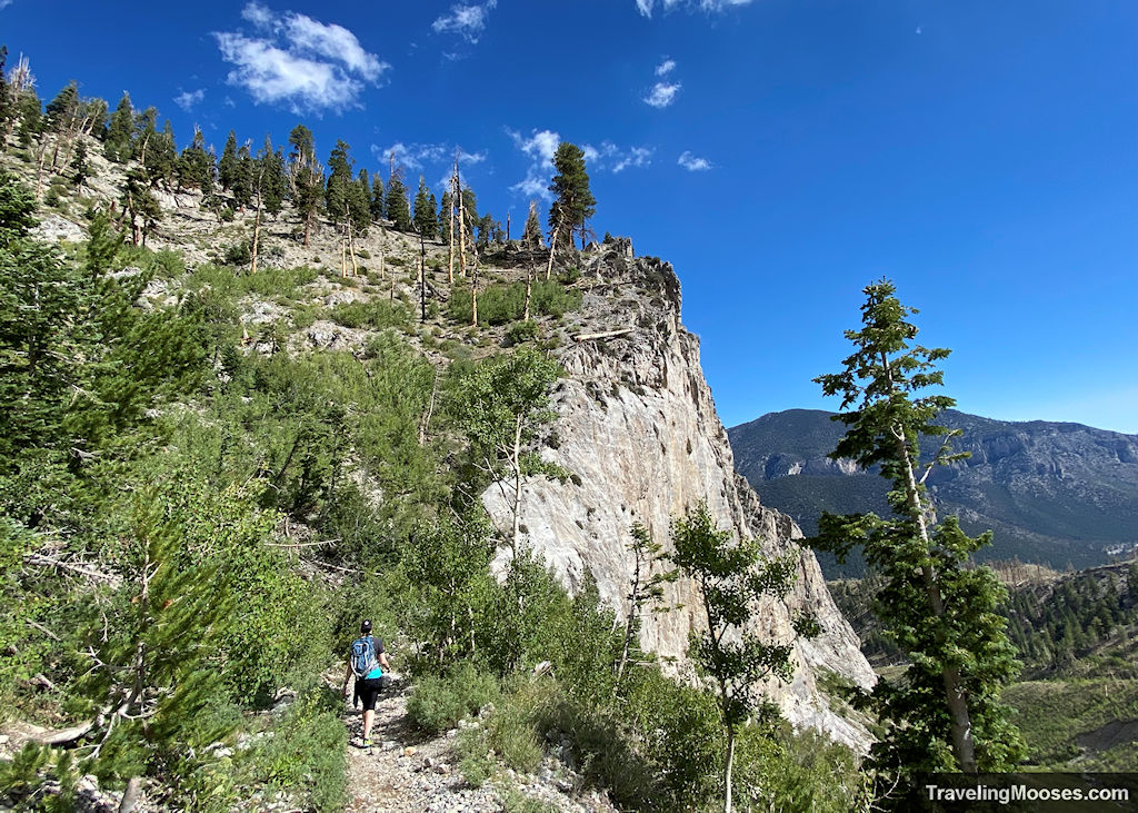 Women hiking up switchbacks on the South Loop Trail approaching Echo Overlook