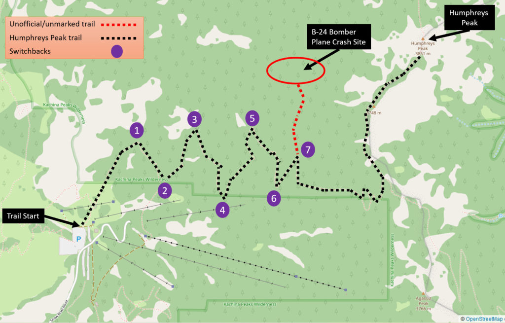 B24 Plane Crash Hiking Map on Humphreys Peak