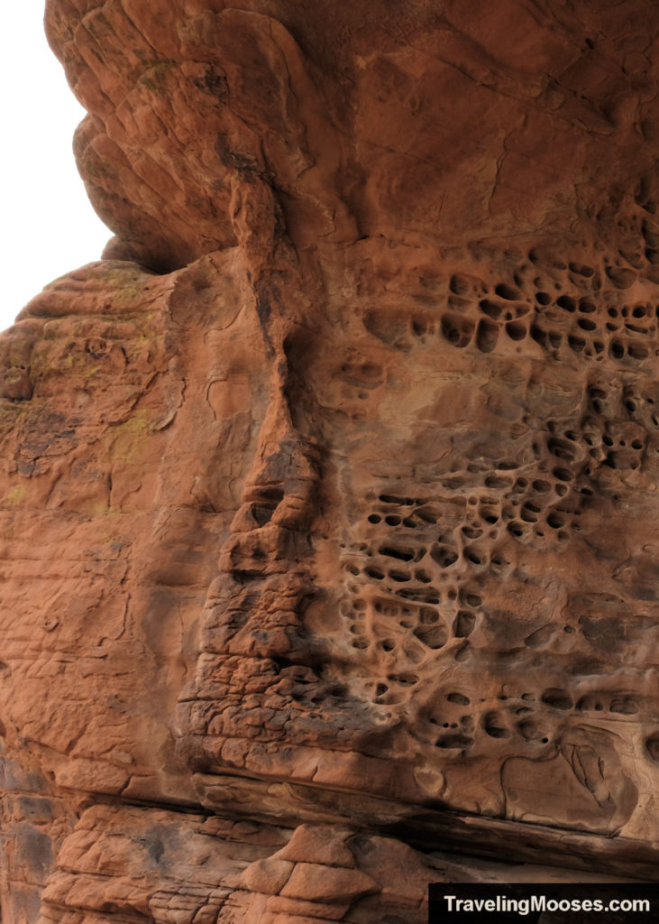 Holes carved by water in red sandstone at Atlatl Rock in Valley of Fire