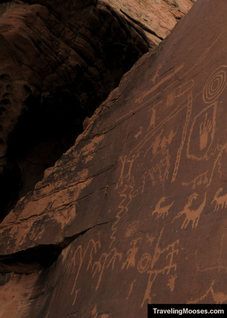 Petroglyph collage featuring ladders, bighorn sheep, atlatls, and circle shapes