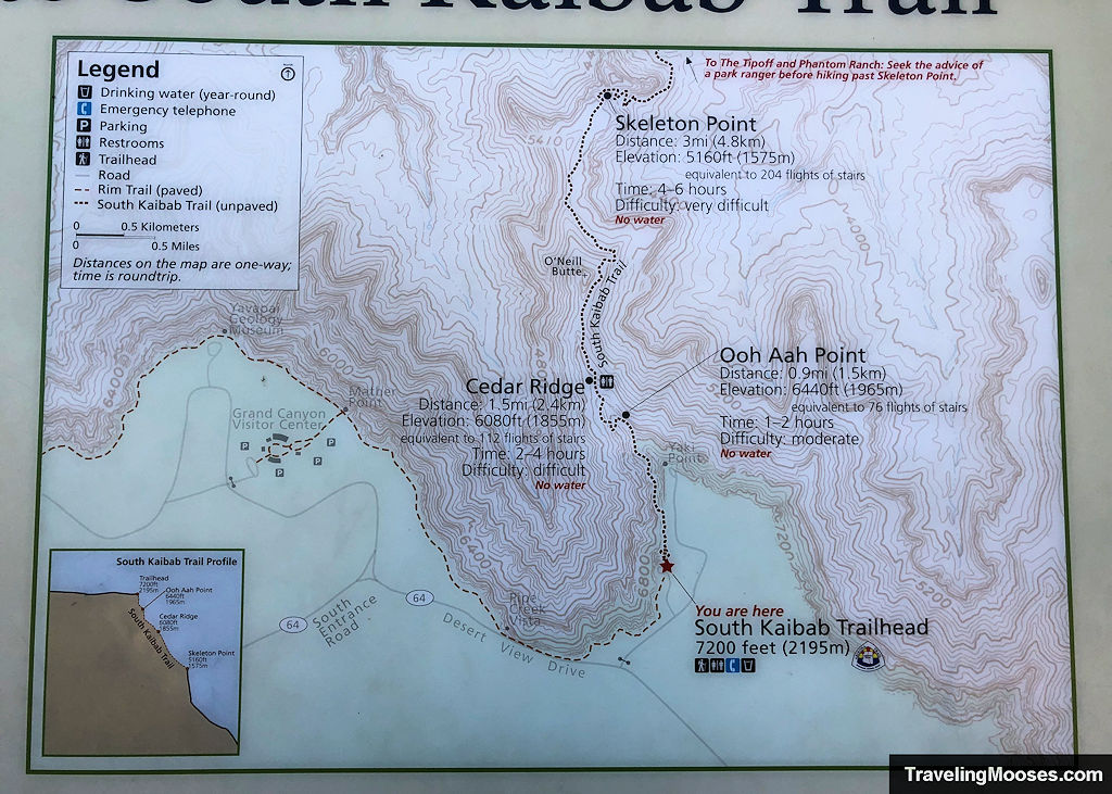 South Kaibab Trailhead to Ooh Aah Point Map