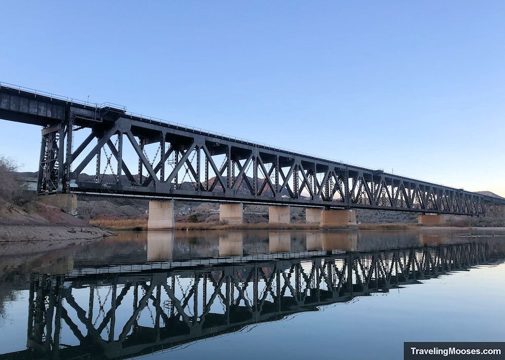 Railroad bridge over lower colorado river.  Railroad is the A.T. & S.F railroad