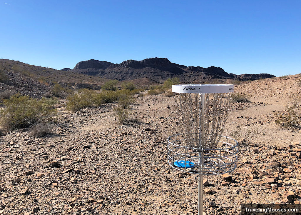 Disc golf basket with white rim and a blue disc in the basket