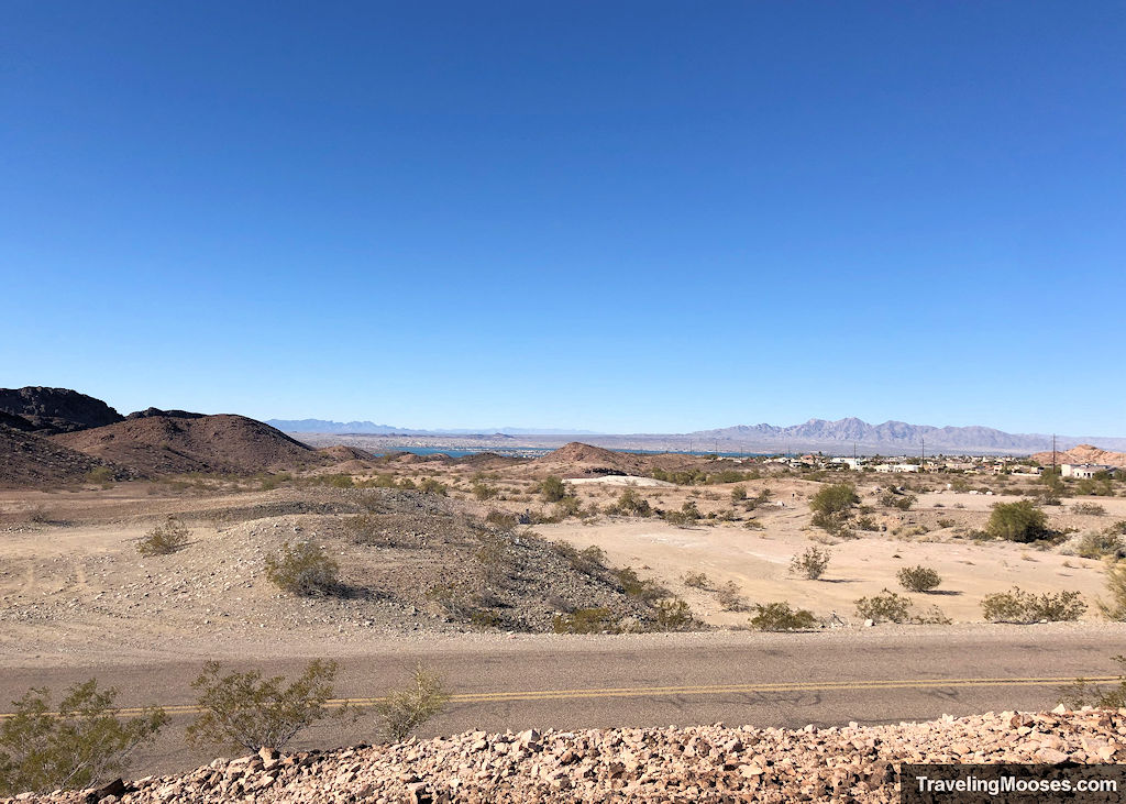 view of lake havasu in the distance with mountains in the foreground