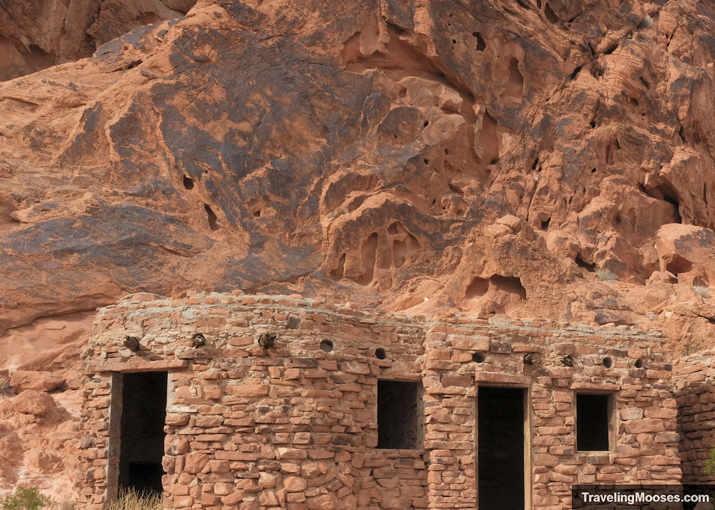 Cabins against a rock wall in Valley of Fire