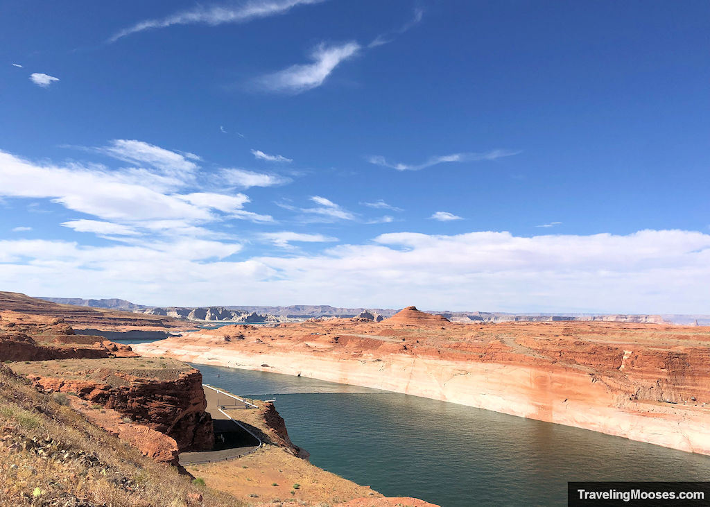 The Colorado River stretching through desert landscape as seen from the Carl Hayden Visitor Center