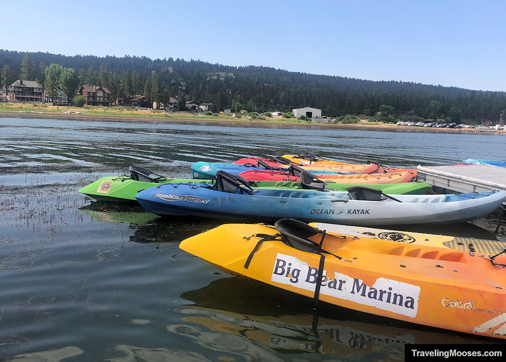 Brightly colored kayaks on Big Bear Lake