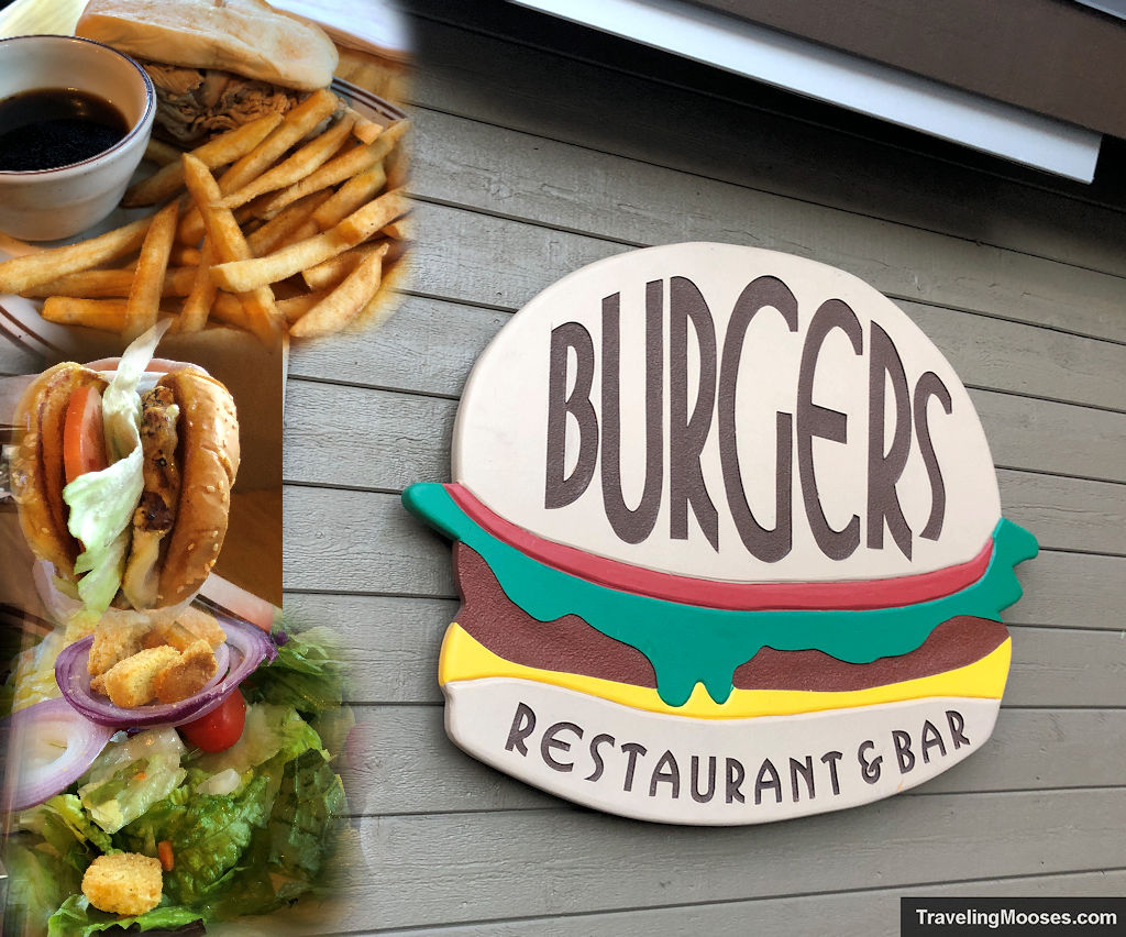 Burgers Restaurant sign with food overlayed