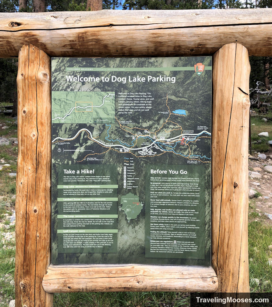 Dog Lake Parking Sign with hiking information