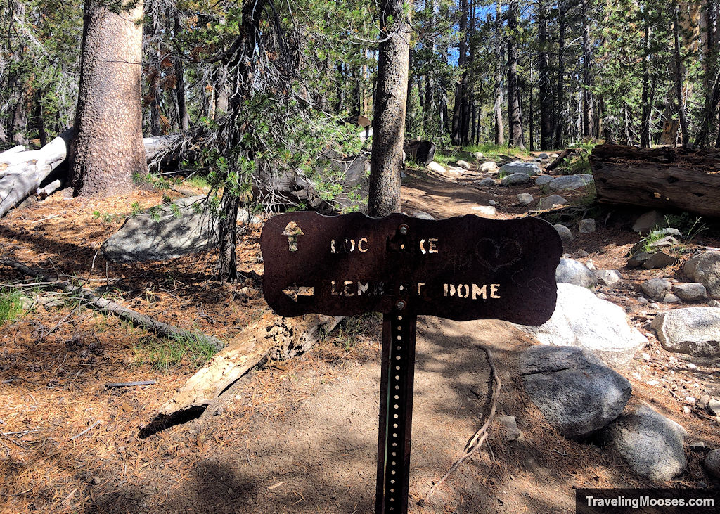 Trail fork sign showing the way to Lembert Dome and Dog Lake