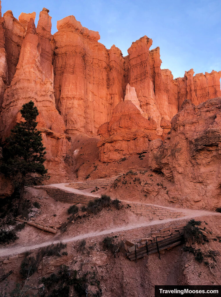 Switchbacks leading up towards towering hoodoos