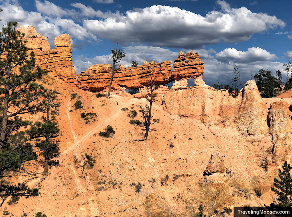 Hoodoos along the hillside with dramatic thunderclouds towering above them