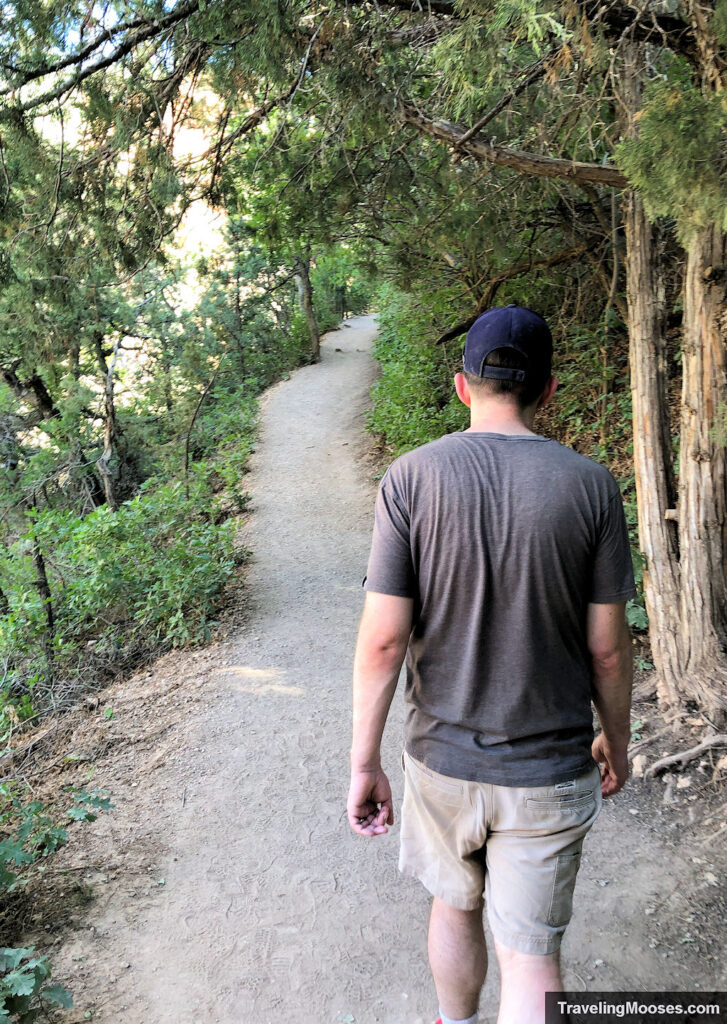 Man walking up a hard packed dirt trail surrounded by trees