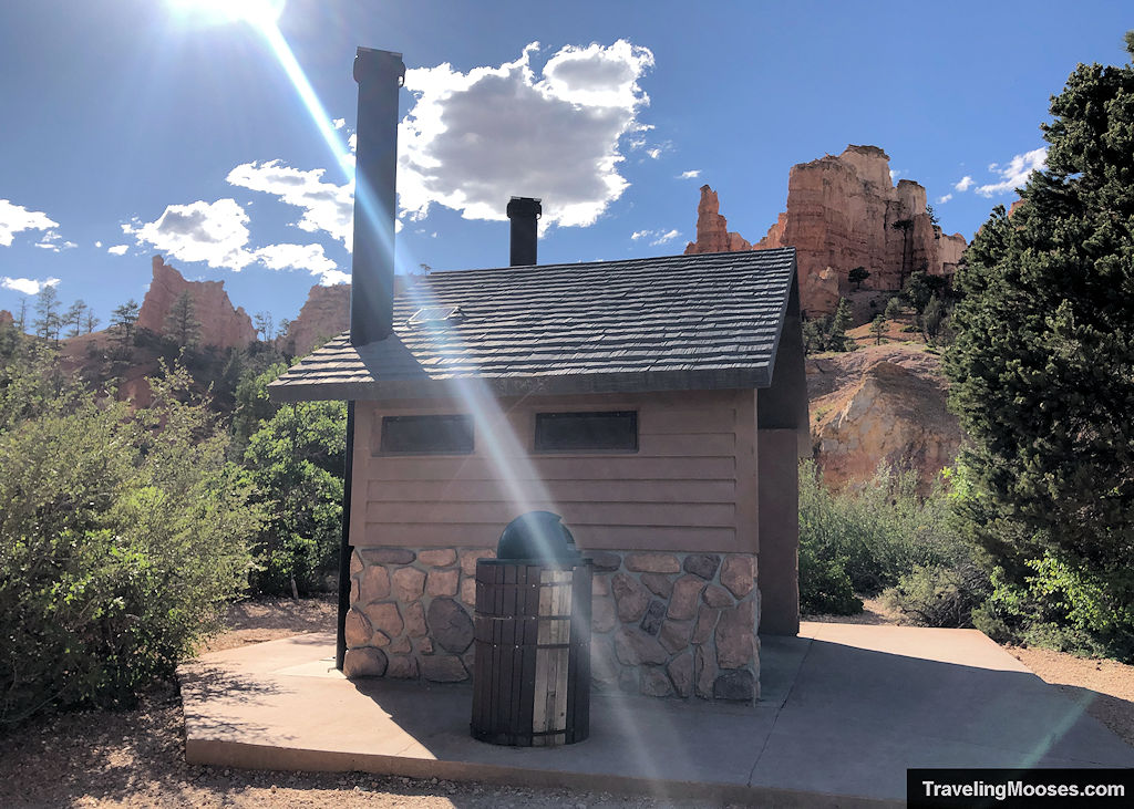 Outhouse structure standing tall in front of hoodoos