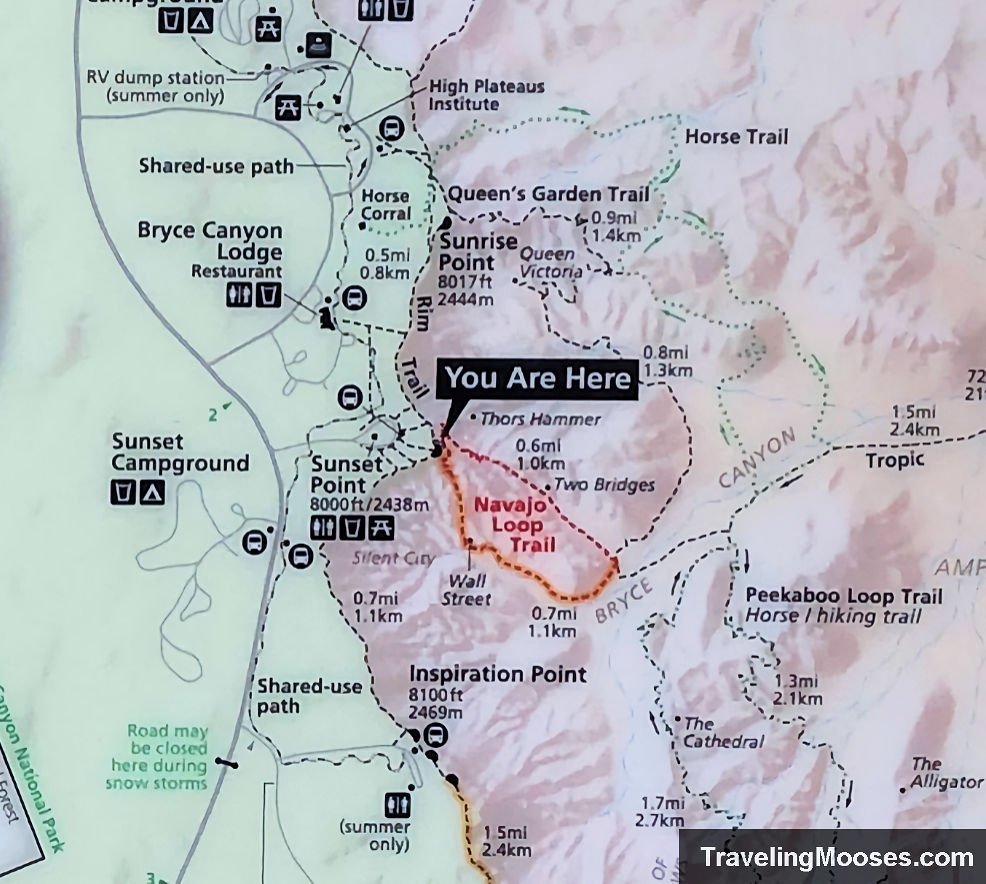 National park service map of the Bryce Canyon hiking trails in the amphitheater