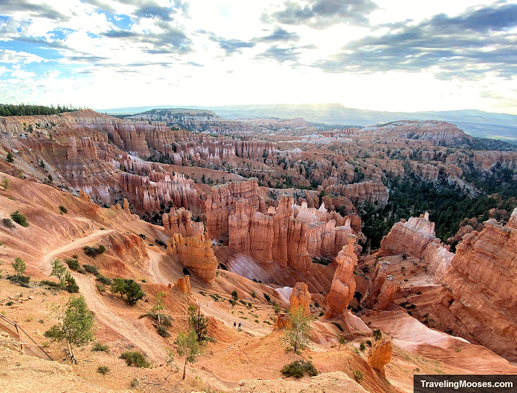 A trail winding through the red and white hoodos of Bryce Canyon