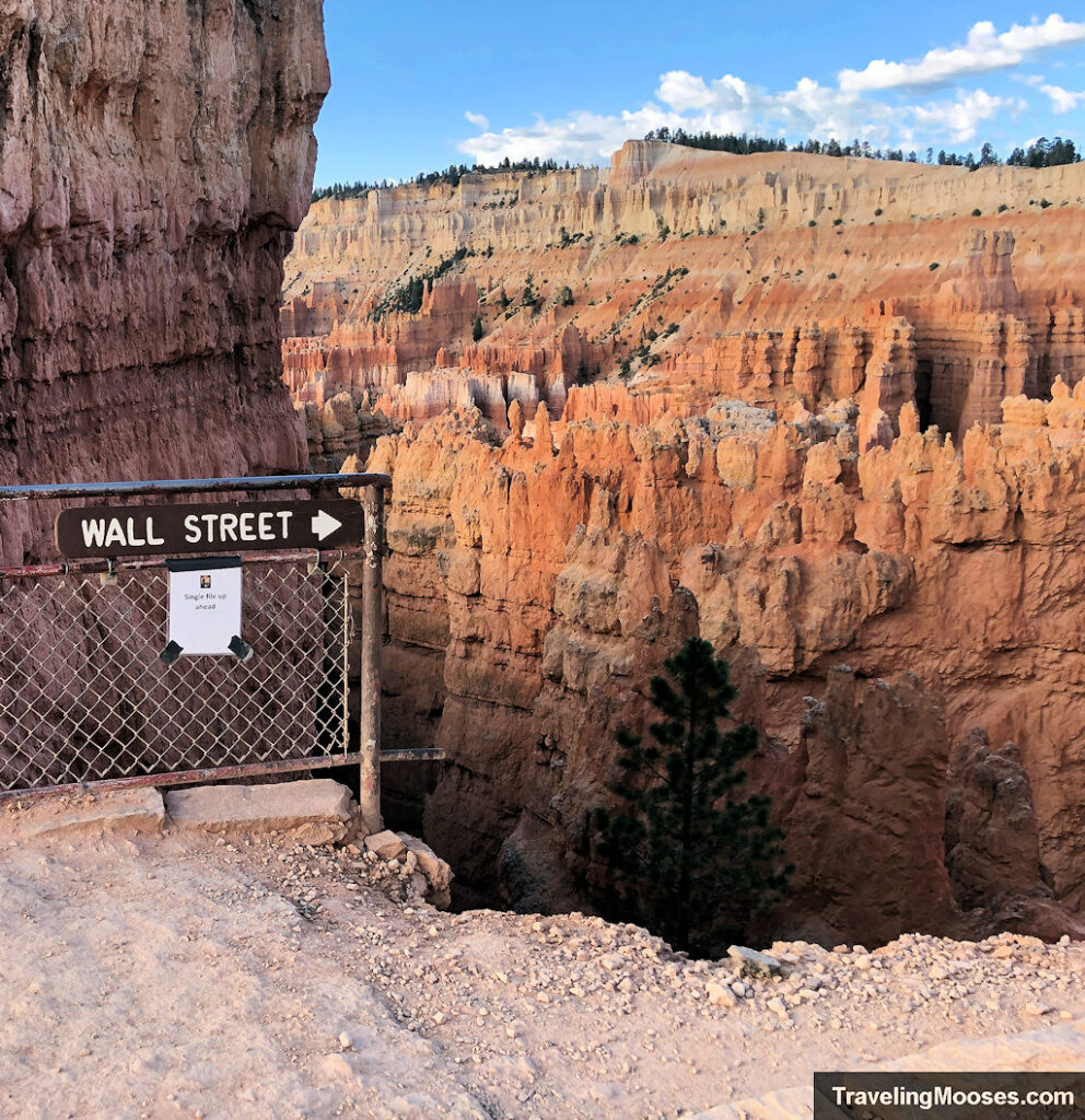 A sheer drop off with a sign pointing the way to the Wall Street trail