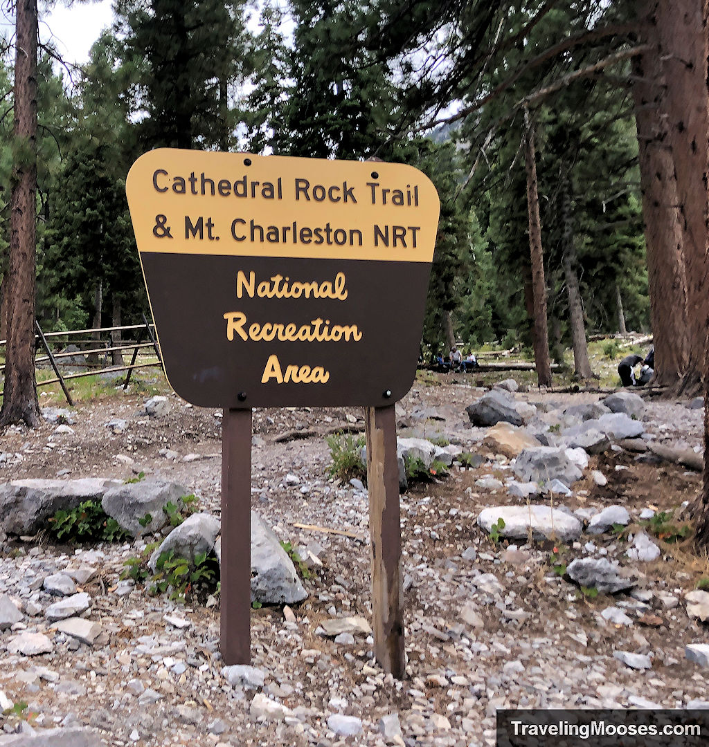 Sign denoting the Cathedral Rock Trail and Mt Charleston National Recreation Are