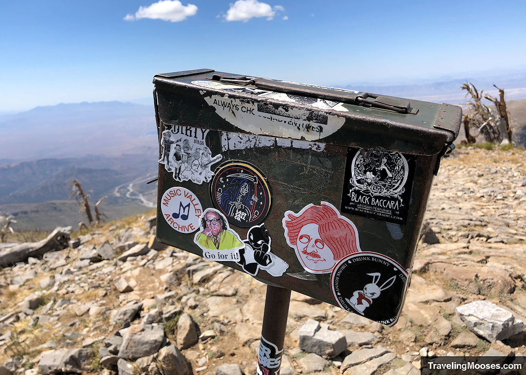 Mailbox register at Griffth Peak summit covered in stickers