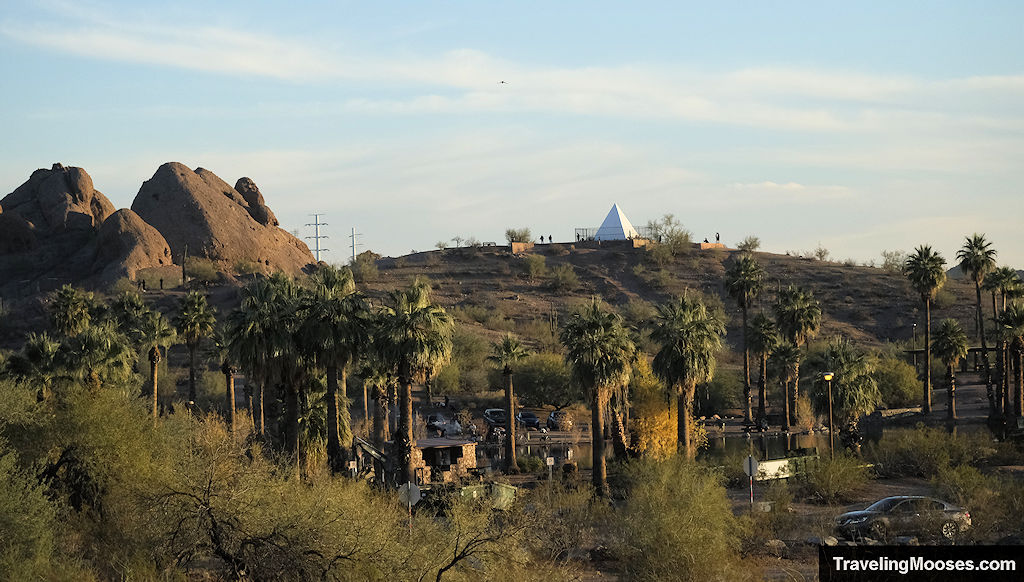 Manmade white pyramid seen in the distance