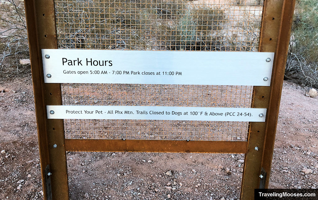 Sign with the Papago Park Hours reading 5 a.m. to 11 p.m.