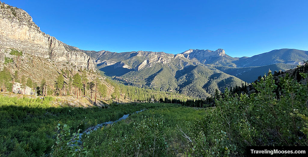 Green meadow nestled in between rugged mountains