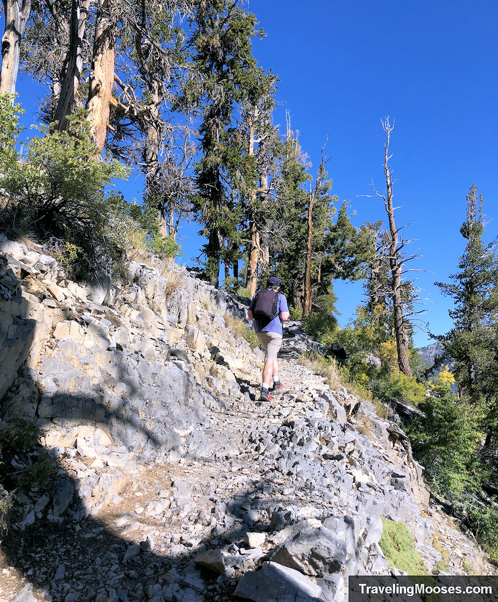 Man walking up a rock steep path