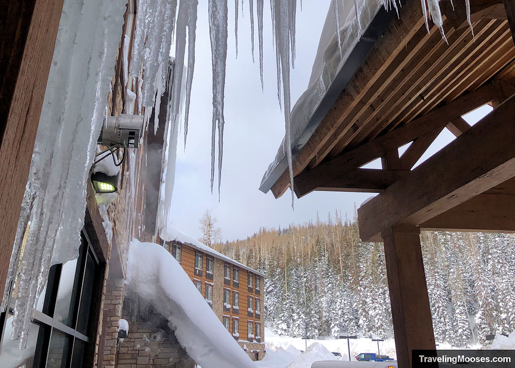 Icicles hanging from a hotel