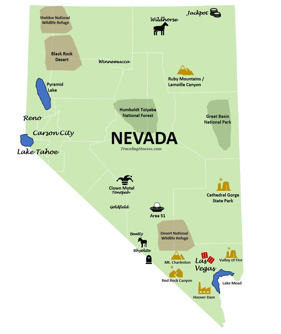 Nevada Map with Tourist Attractions and Travel Spots