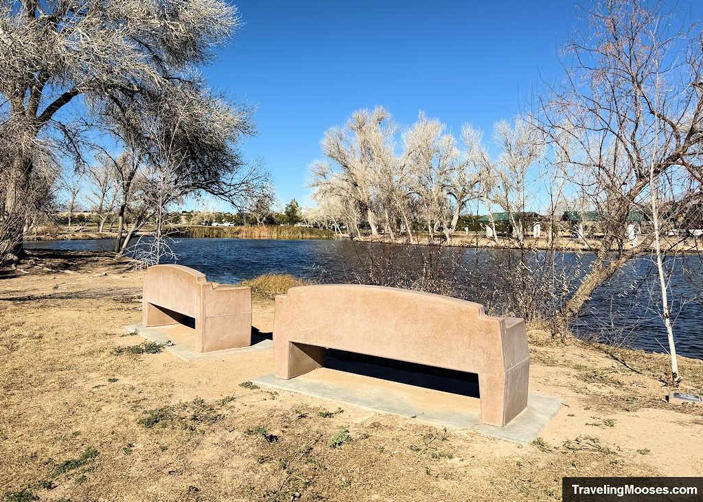 A pair of concrete benches placed alongside a pond